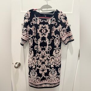 R&K Black Blush Scroll Print Stretch Sheath Dress Size 8